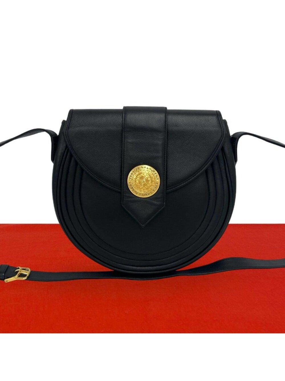 Saint Laurent Yves Vintage Round Logo Leather Shoulder Bag Black
